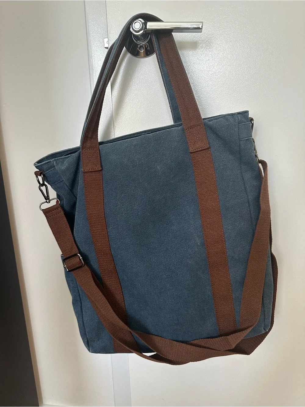 Canvas Messenger Tote in Blue with Brown Straps